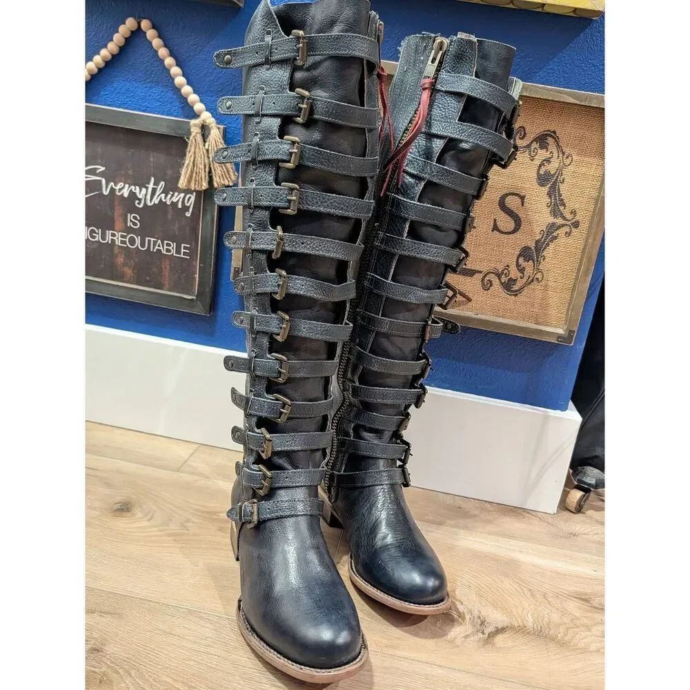 Freebird by Steven Rylan Boots Navy Buckles Boho Steampunk Western Womens 9 RARE